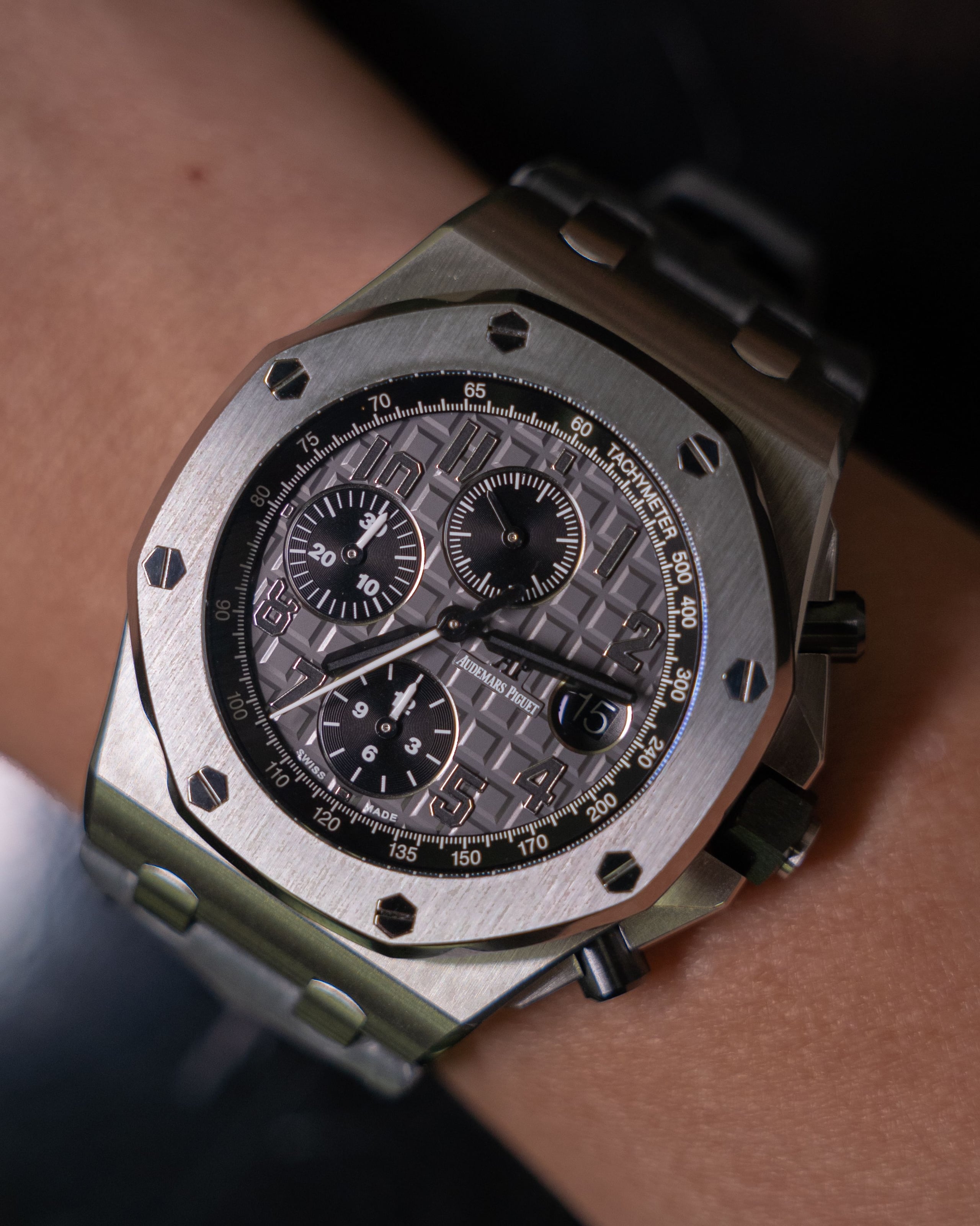 Audemars Piguet Royal Oak Offshore chronograph in steel with grey Méga Tapisserie dial on the wrist