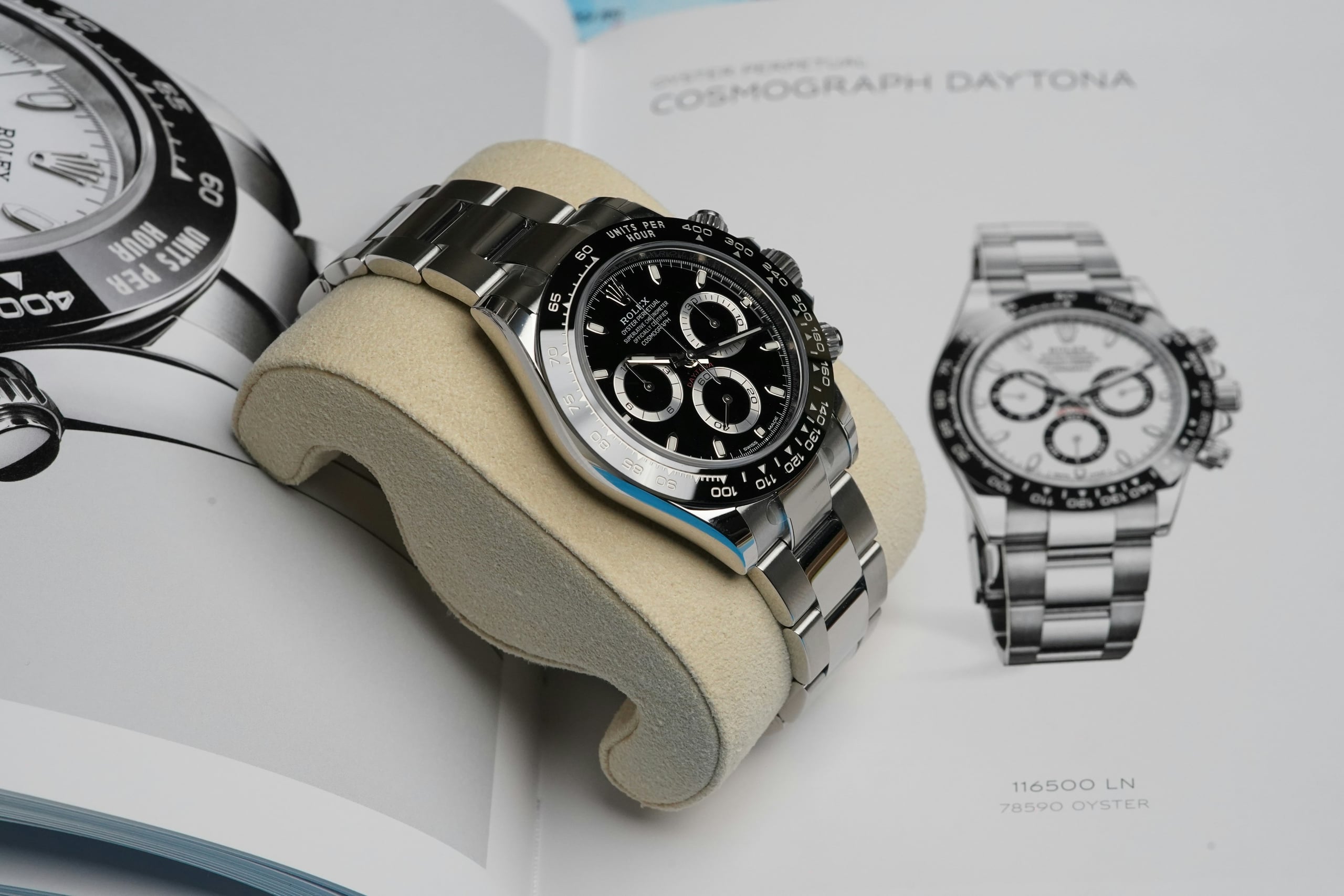 Rolex Cosmograph Daytona with black dial and black ceramic bezel on a cushion