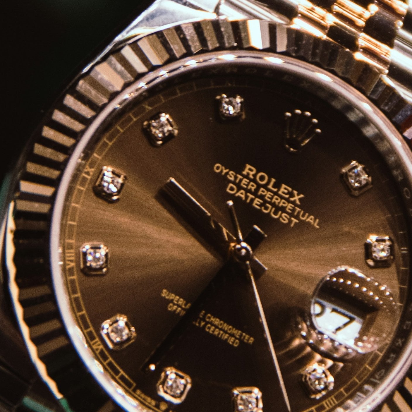 Close-up of the chocolate, diamond-set dial of the Rolex Datejust 36 126231