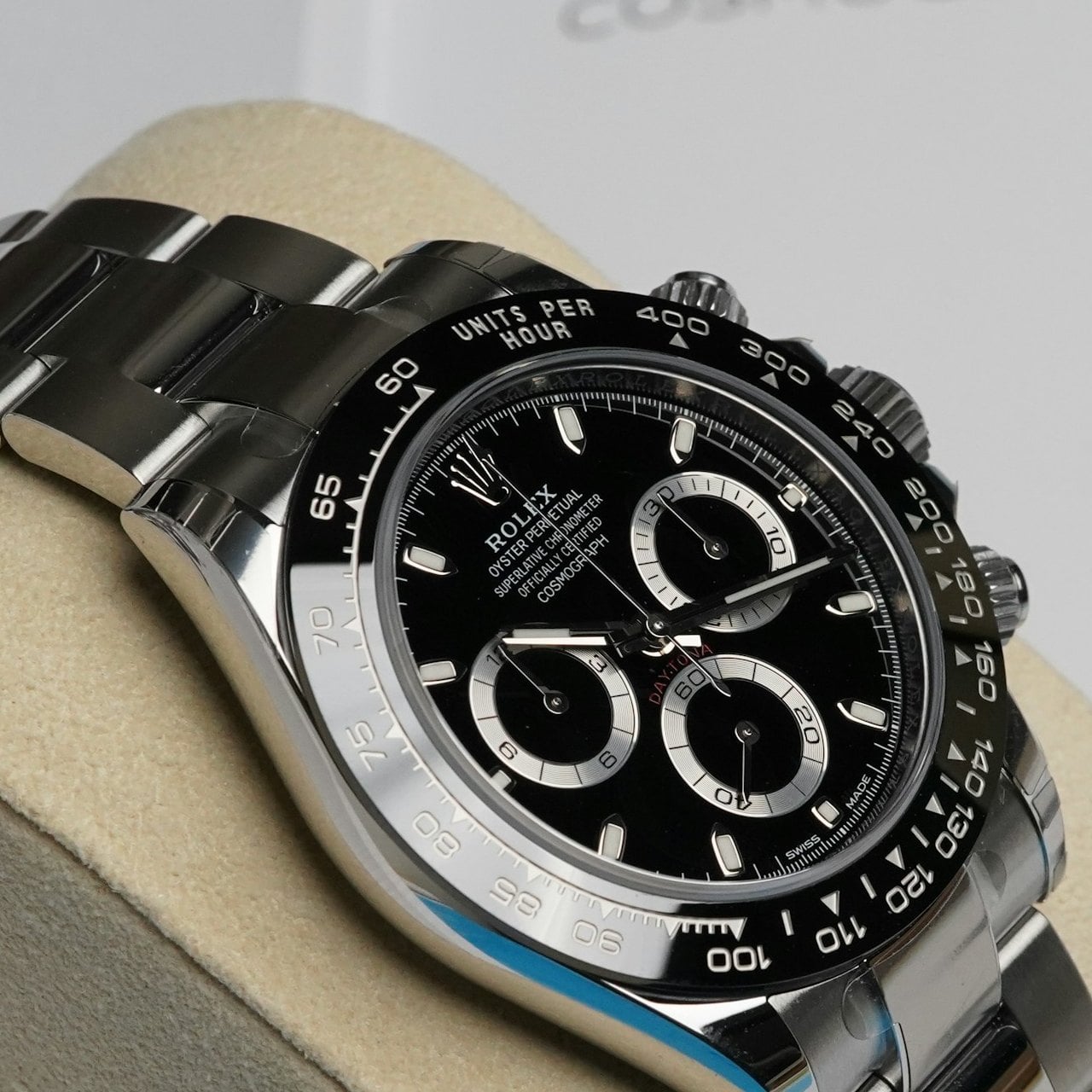Close-up of the black dial of the Rolex Cosmograph Daytona 116500LN