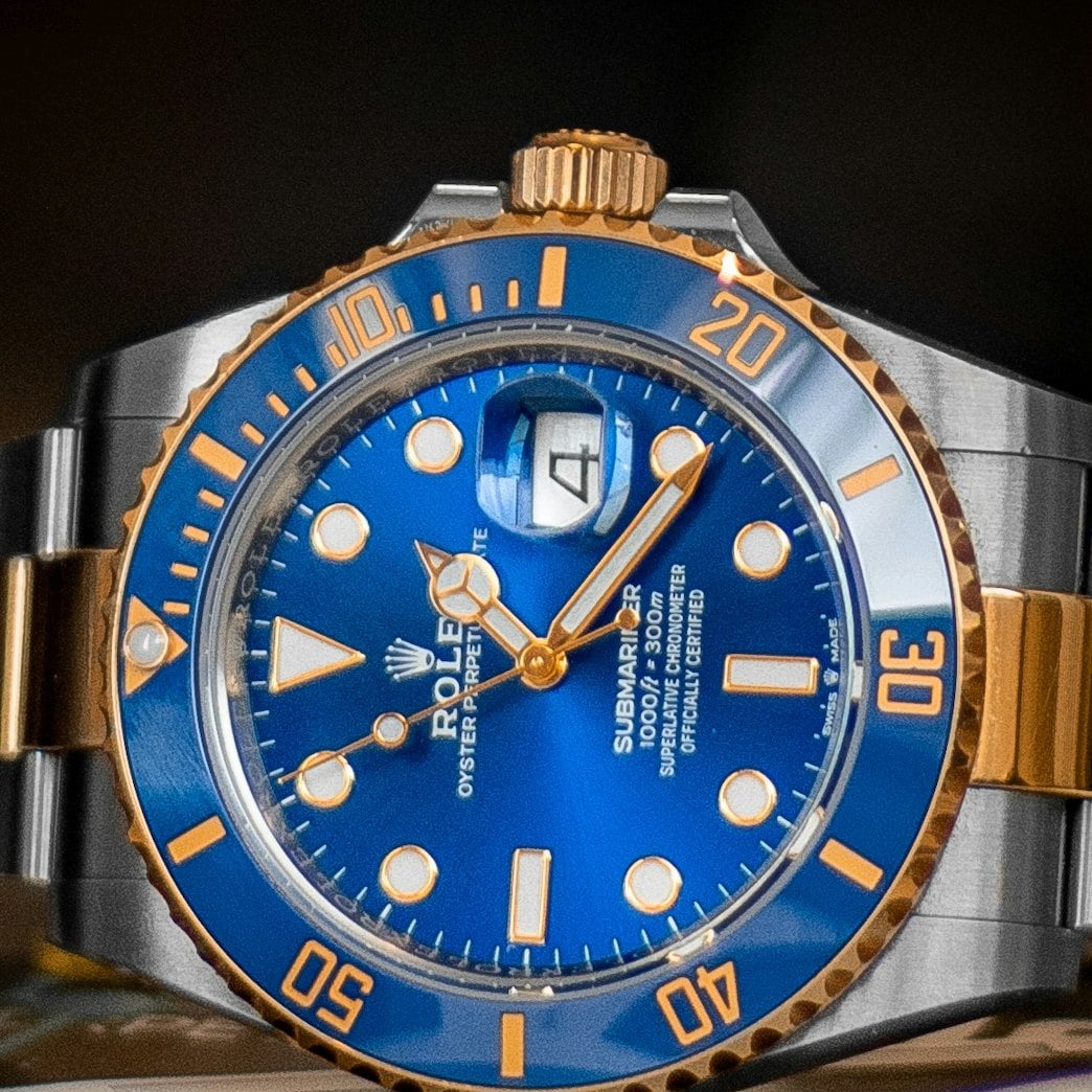 Close-up of the royal blue dial of the Rolex Submariner Date 126613LB