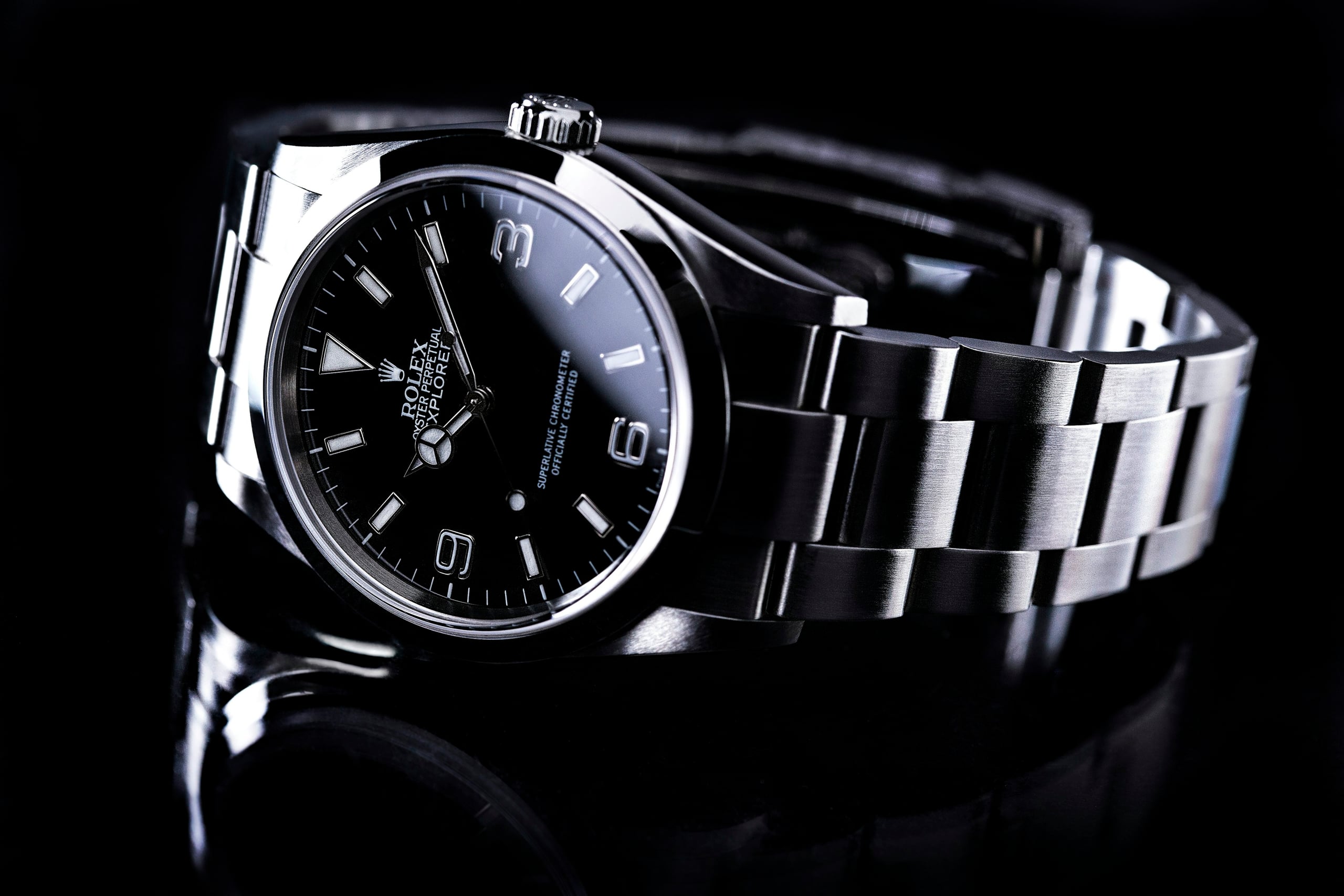 Rolex Explorer with black dial and 3-6-9 numerals on an Oyster bracelet