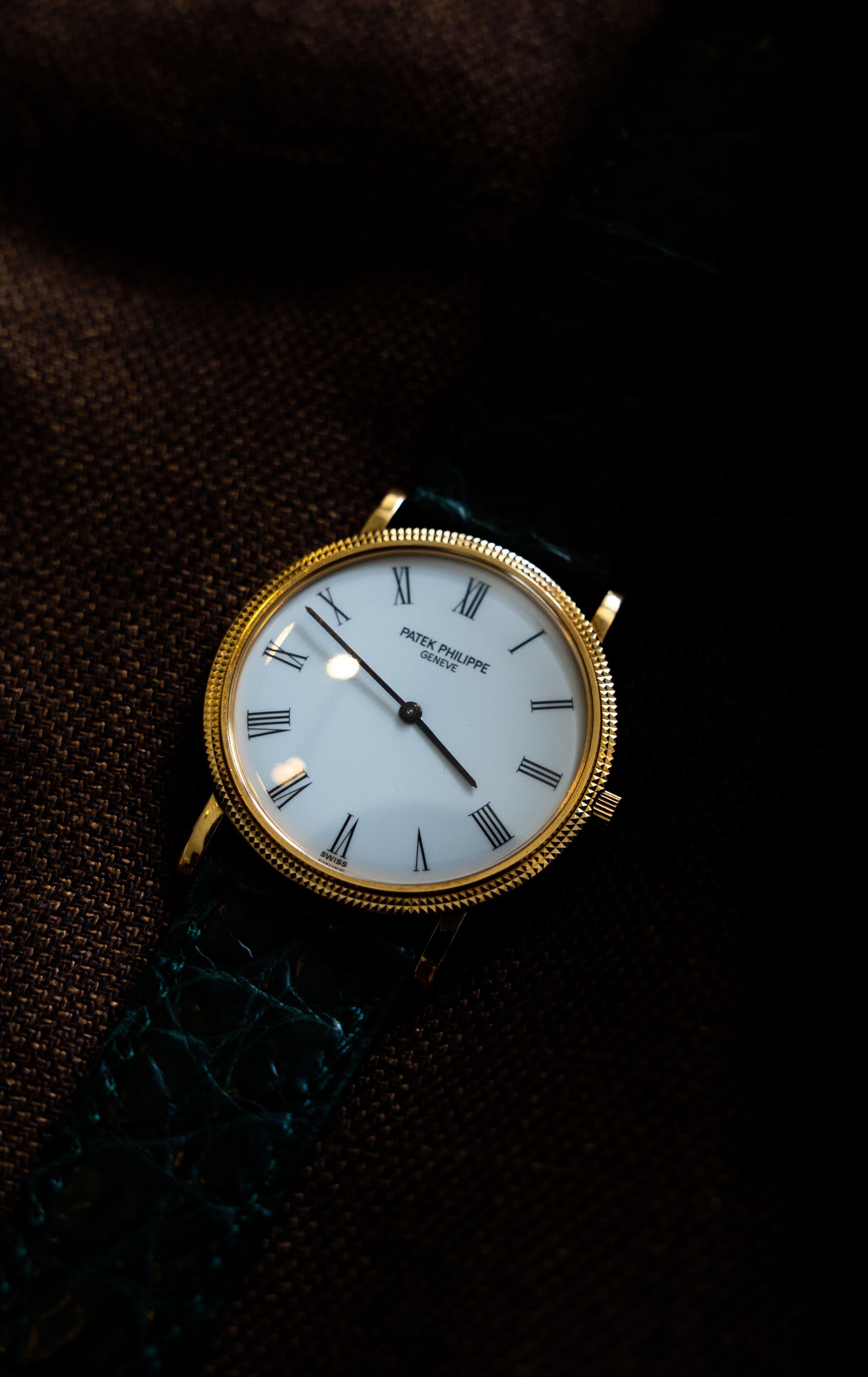 Patek Philippe Calatrava in yellow gold with white Roman-numeral dial on a green alligator strap