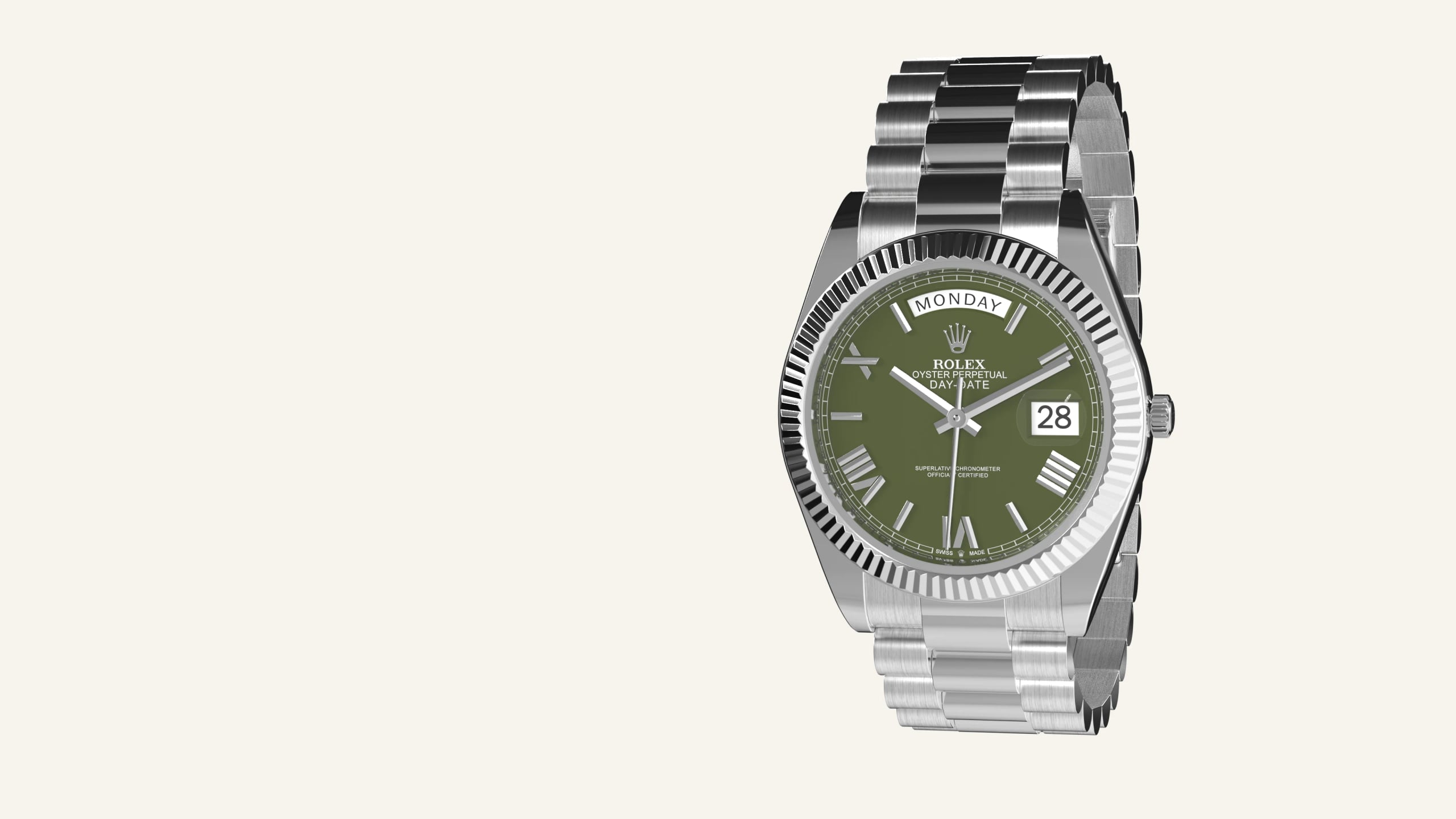 Rolex Day-Date 40 in white gold with olive-green dial, fluted bezel and President bracelet