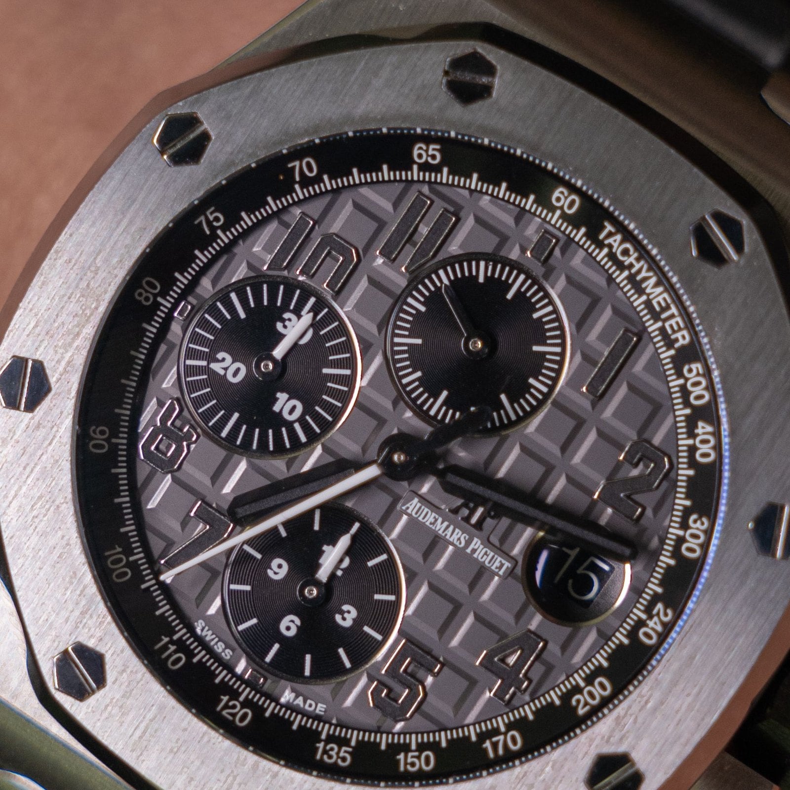 The dial of the Audemars Piguet Royal Oak Offshore Chronograph 26470ST, up close