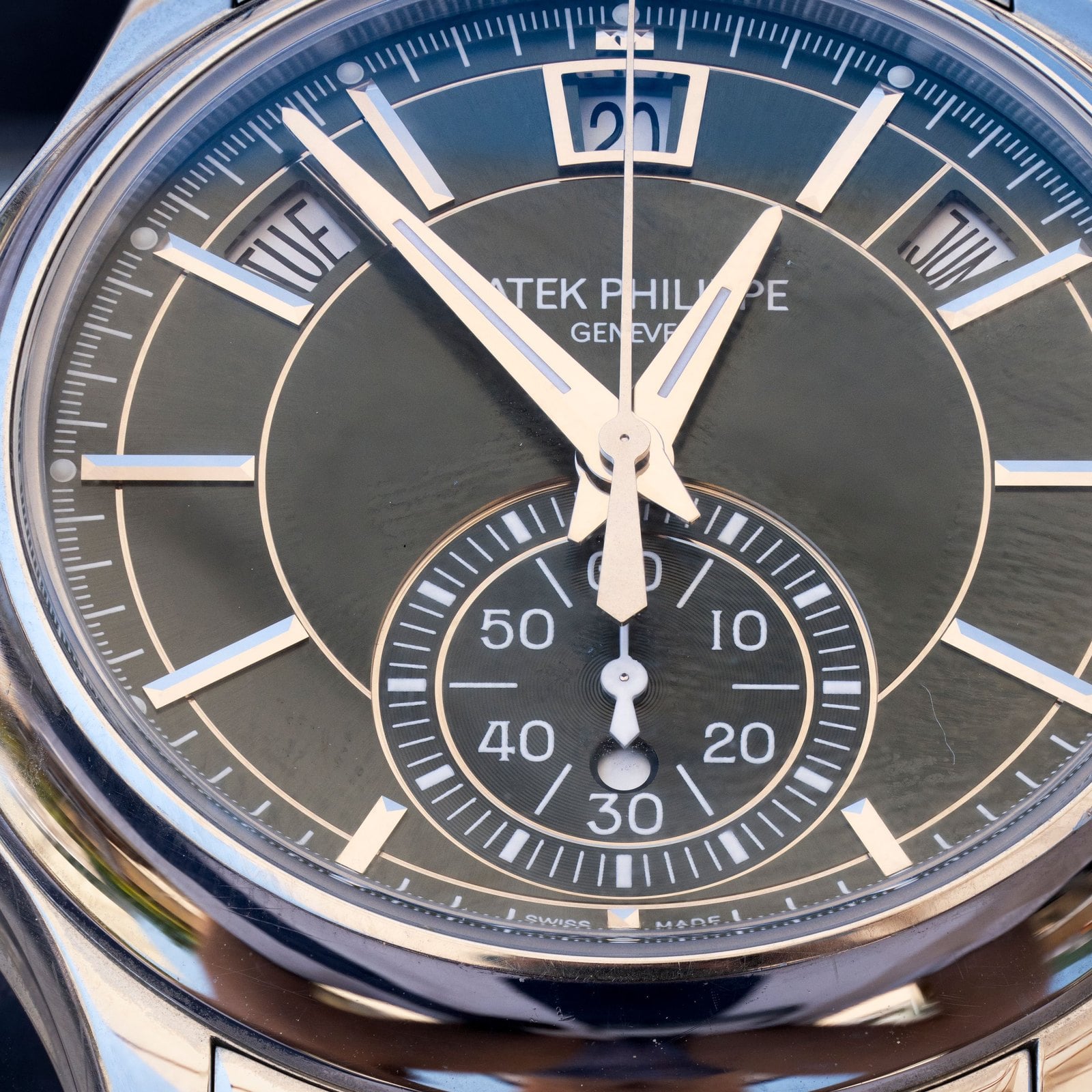 The dial of the Patek Philippe Annual Calendar Chronograph 5905/1A-001, up close