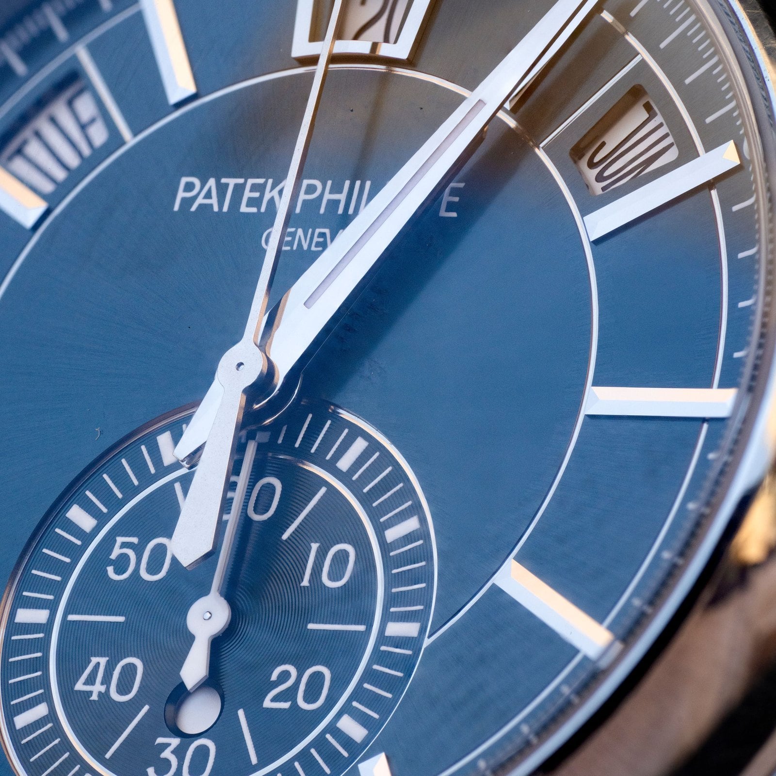 The dial of the Patek Philippe Annual Calendar Chronograph 5905P-010, up close