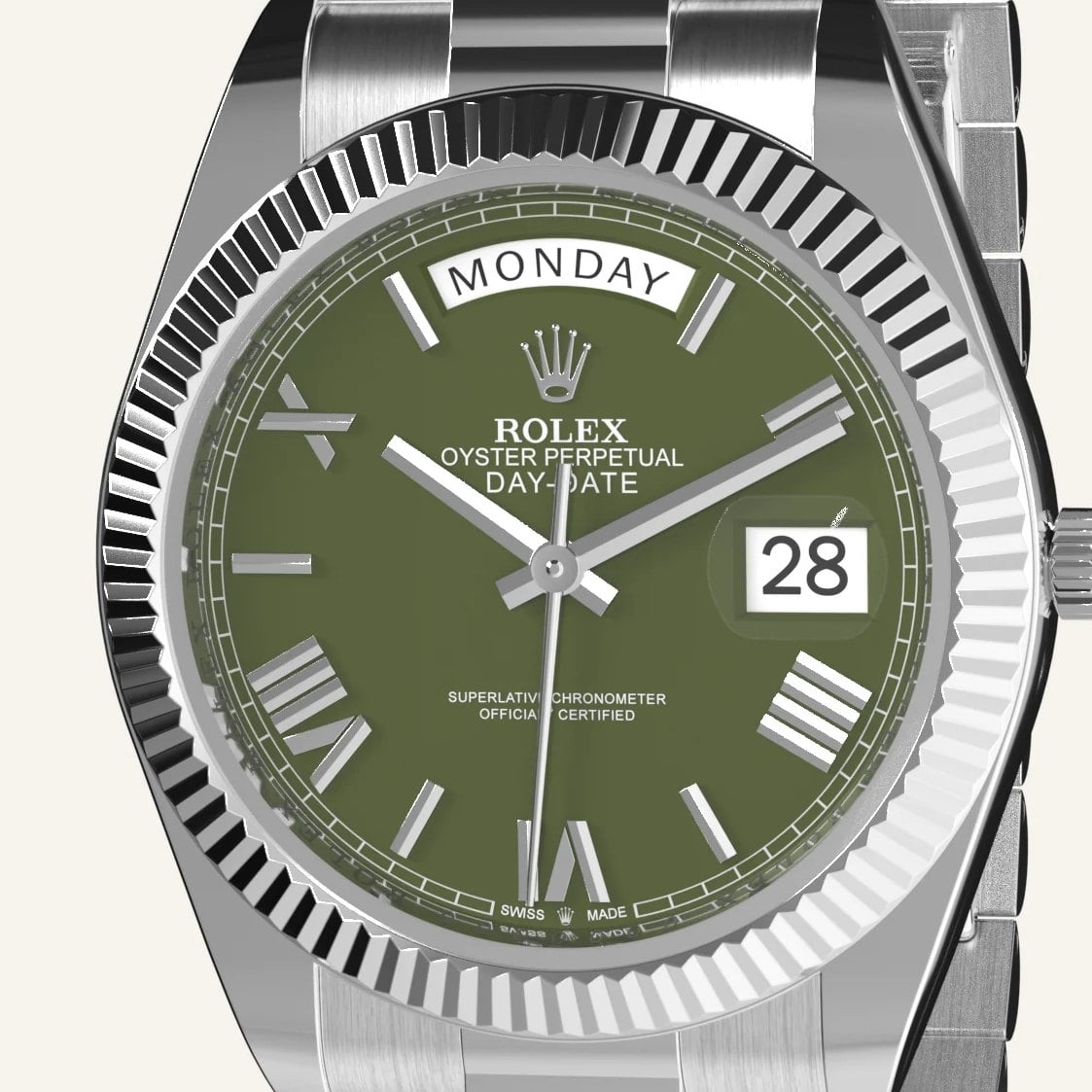 The dial of the Rolex Day-Date 40 228239, up close